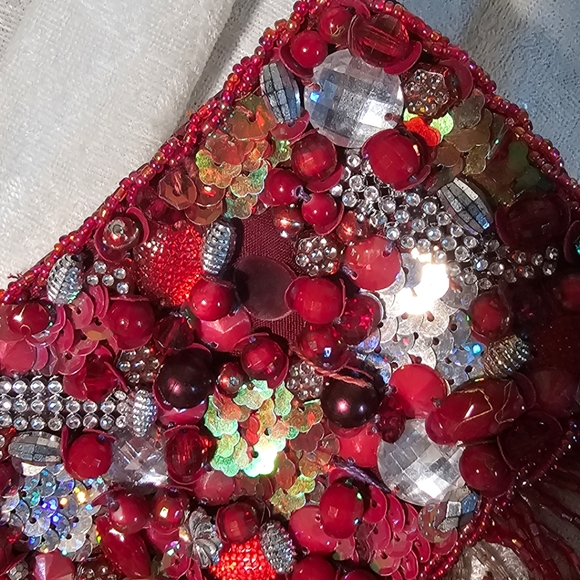 Bra belt belly dance red silver beaded set handmade egyptian - Picture 6 of 11